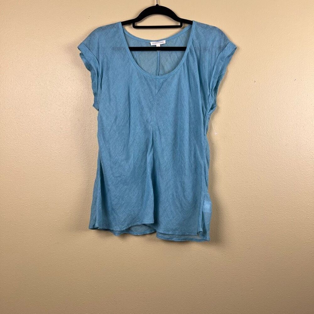 New Eileen Fisher Top Blouse Pullover 100% Linen Gauze Light Blue Size L